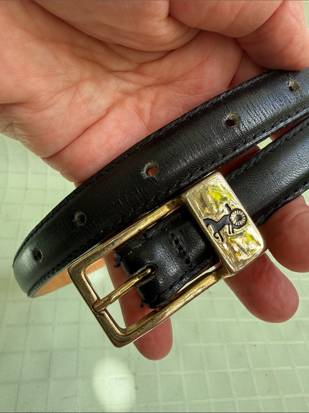 Vintage Carriage Court Black Leather Slim Belt with Gold Buckle